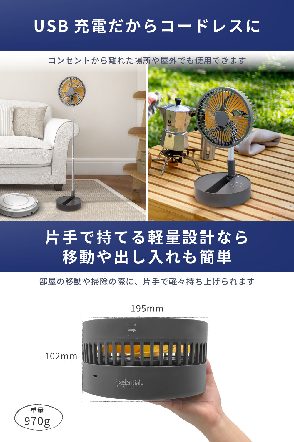 どこでもファン 持ち運び 旅行用 旅行 屋外 扇風機 f1620YL ポータブル Exelential